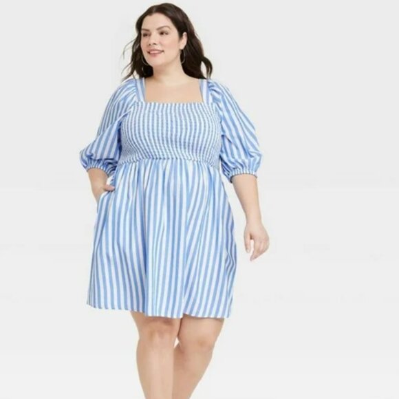 NEW Blue Striped Plus Sz 3X or 4X Smocked Cotton Square Neck Dress Side Pockets - Picture 1 of 3